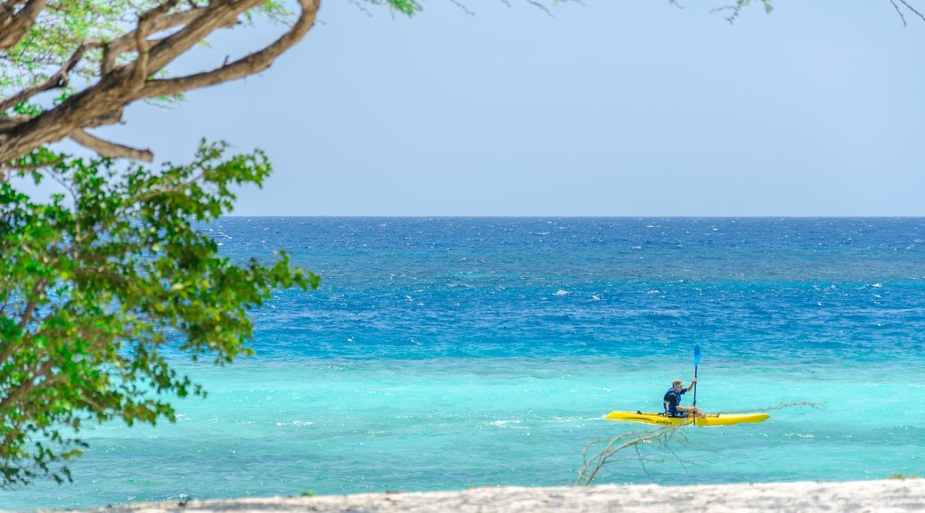 Man Riding A Kayak By An Aruba Beach